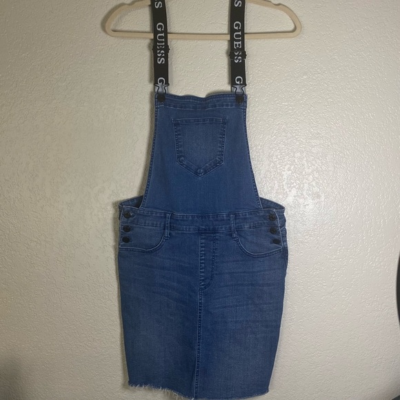 GUESS Women Denim Jean Bib Overalls Mini Dress Logo Straps Distressed Hem Size L - Picture 3 of 10